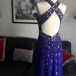 Halley Logan Jr Royal Blue Crisscross Beaded Halter Dress. Worn Once